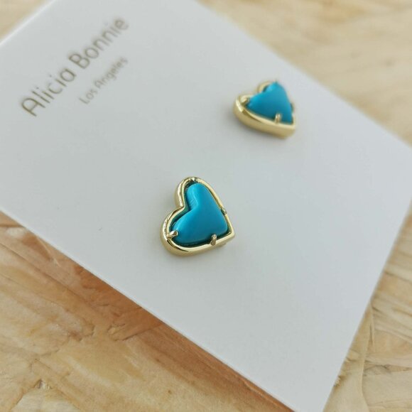 NEW Alicia Bonnie Love Turquoise Blue Heart Stud Earrings Gold - Picture 2 of 3